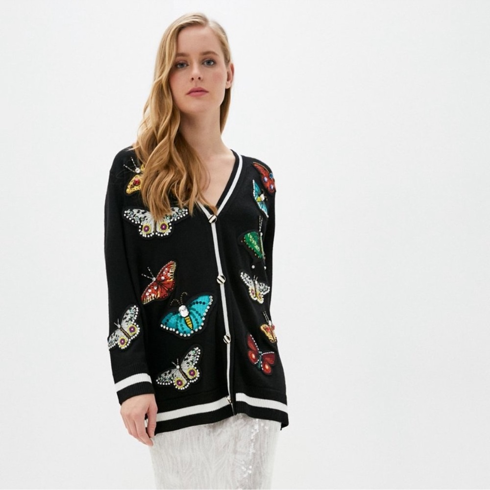 Alice + Olivia Black Cardigan with Embroidered Accents